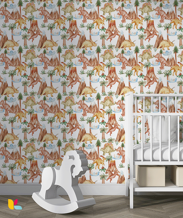 Papier Peint Enfant – Dinosaures et Paysage Jurassique Aquarelle