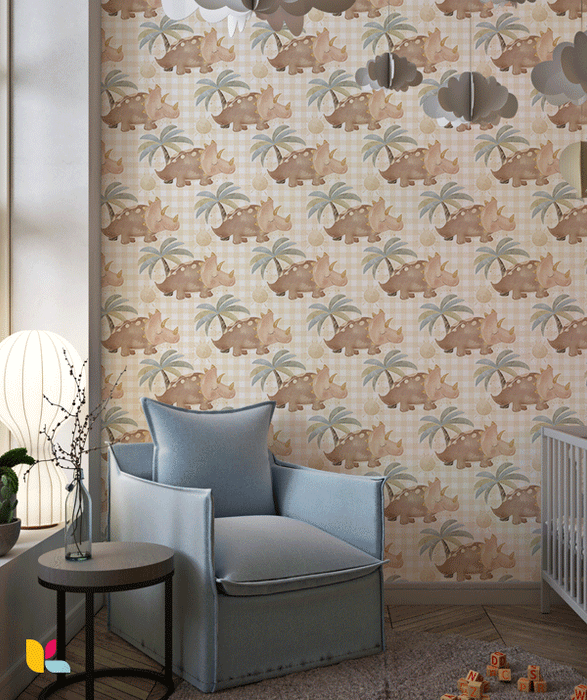 Papier Peint Enfant – Motif Tricératops et Palmiers en Aquarelle
