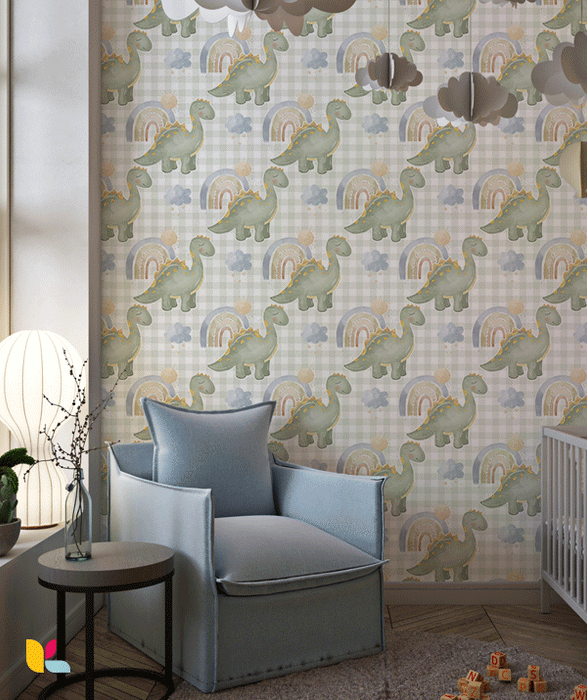 Papier Peint Enfant – Diplodocus Vert et Arc-en-Ciel
