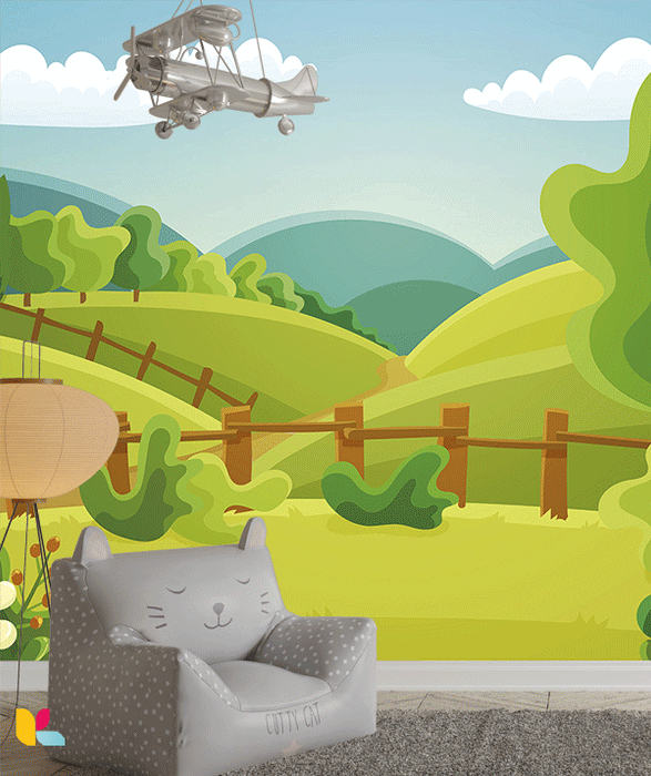 Paysage Bucolique en Verdure – Illustration Lumineuse et Apaisante