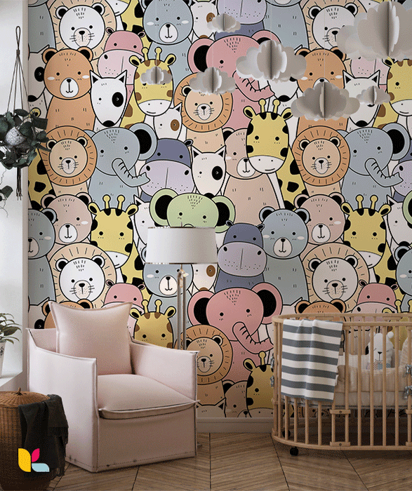 Papier Peint Animaux de la Savane - Motif Kawaii Coloré