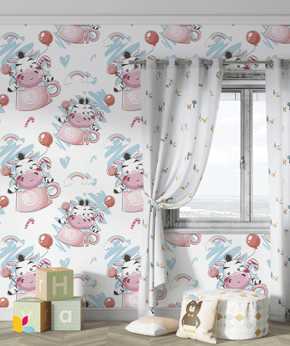 Papier Peint Enfant – Motifs Vache et Tasses Magiques