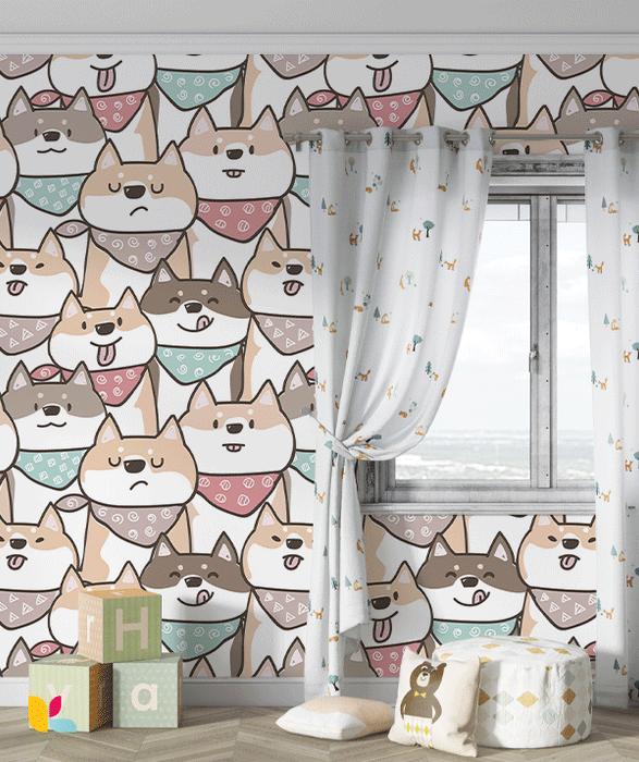 Papier Peint Mignon - Motif Chiens Shiba Inu en Bandana