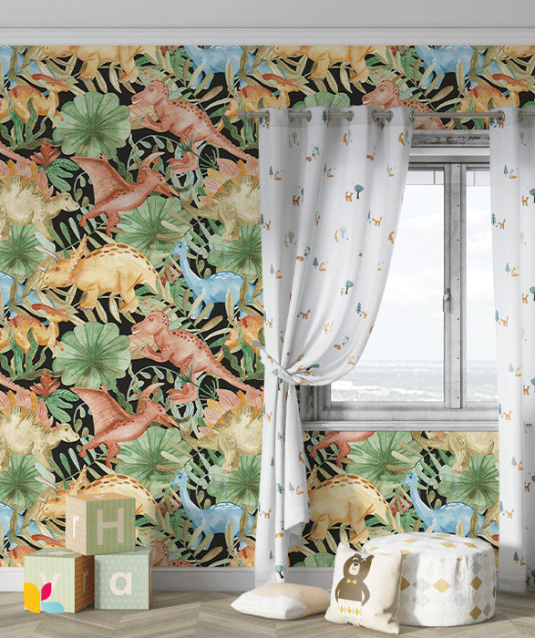 Papier Peint Enfant – Dinosaures et Feuillage Tropical Aquarelle