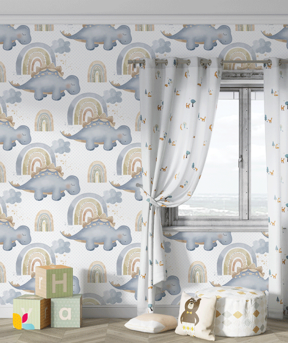 Papier Peint Enfant – Motif Stégosaure et Arc-en-Ciel en Aquarelle