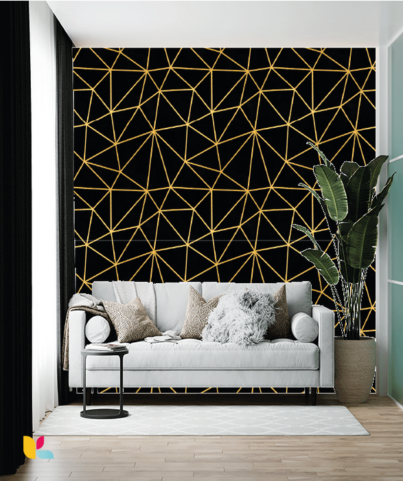 Papier Peint Géométrique Doré sur Noir - Style Luxueux et Contemporain