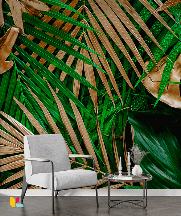 Papier Peint Feuillages Dorés et Tropicaux - Luxe et Nature en Haute Définition