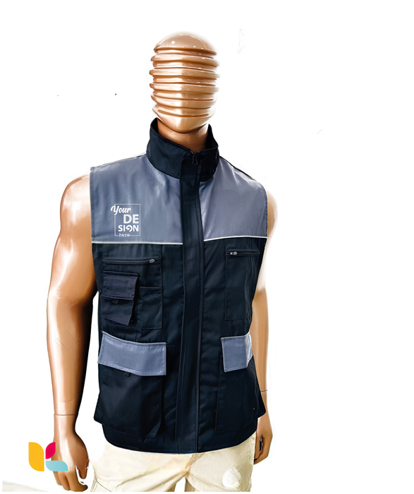 Gilet de Travail Bleu Marine et Gris – Multi-Poches et Personnalisable