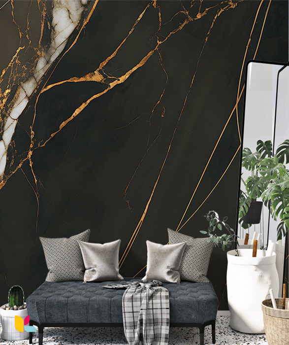 Papier Peint Effet Marbre Noir Intense avec Veines Dorées Élégantes