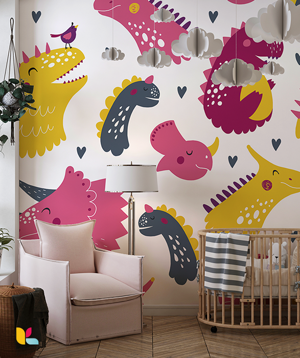 Papier Peint Dinosaures Colorés – Univers Fantaisiste et Ludique