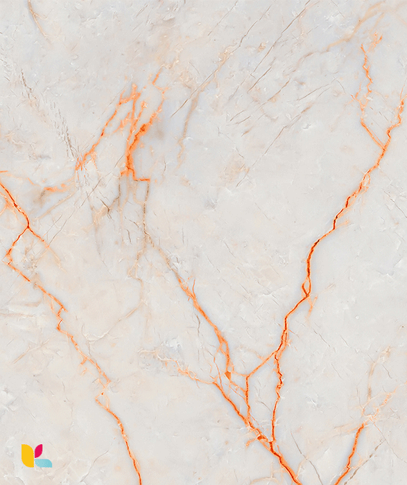 Papier Peint Effet Marbre Blanc avec Veinures Orange Éclatantes