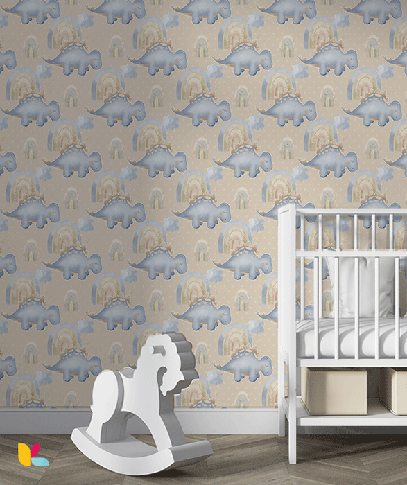 Papier Peint Enfant – Dino Arc-en-Ciel Beige Douceur