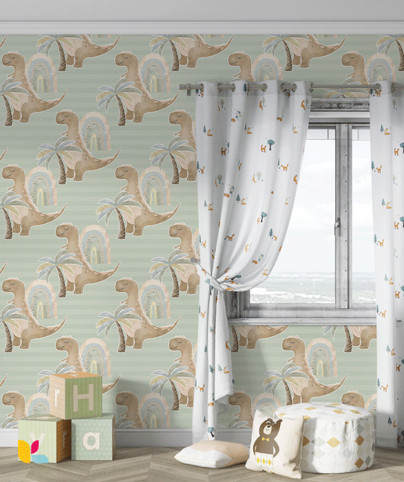 Papier Peint Enfant – Dino Pastel et Arc-en-Ciel