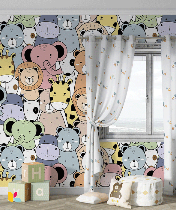 Papier Peint Animaux de la Savane - Motif Kawaii Coloré