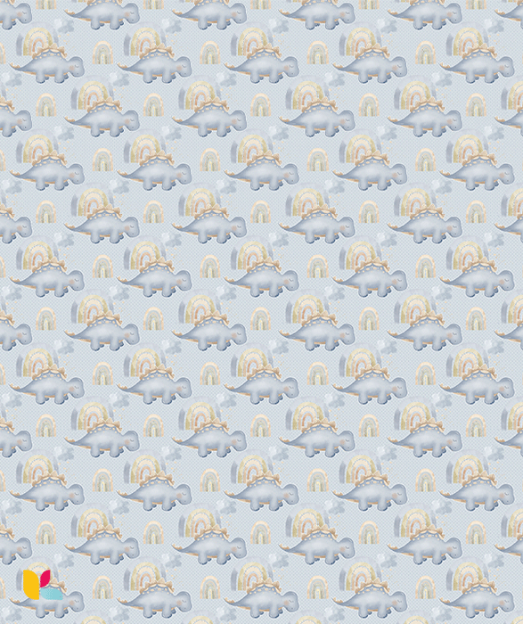 Papier Peint Enfant – Stégosaure Bleu Pastel et Arc-en-Ciel