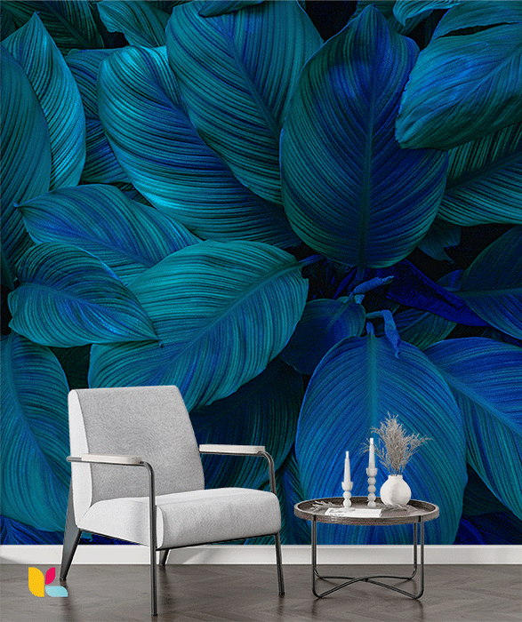 Papier Peint Feuilles Tropicales Bleues - Évasion et Sérénité en Haute Définition