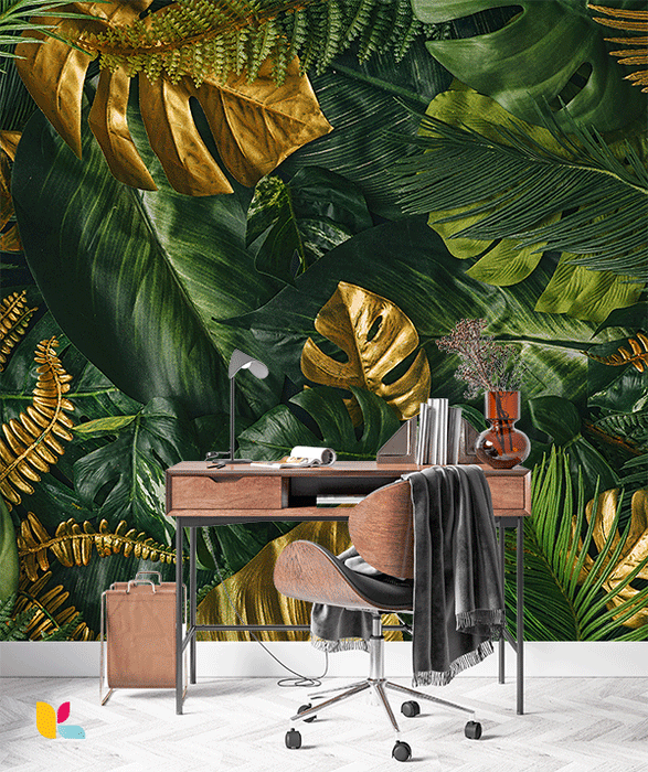 Papier Peint Jungle Dorée - Élégance Tropicale en Haute Définition