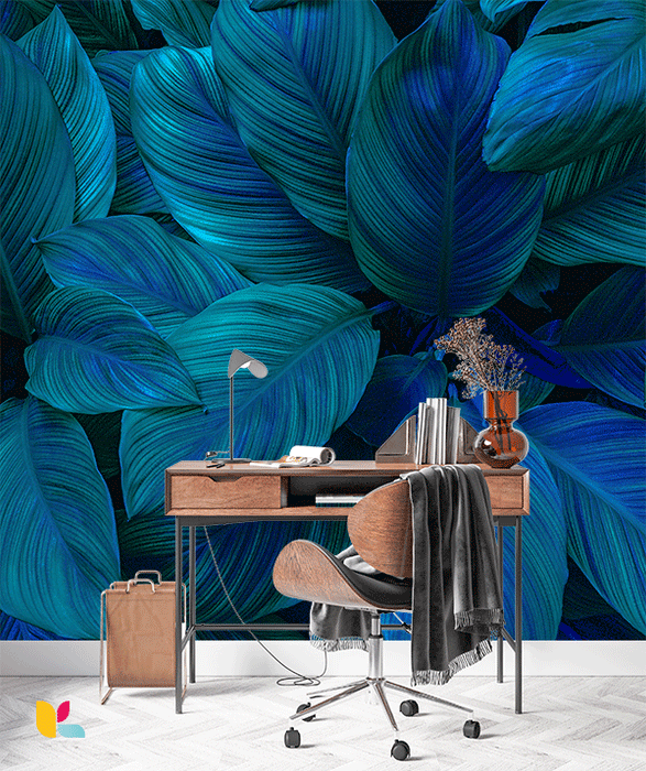 Papier Peint Feuilles Tropicales Bleues - Évasion et Sérénité en Haute Définition