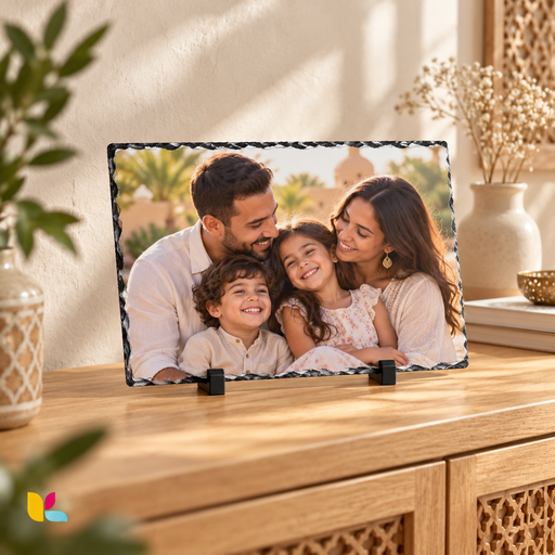 Exemple d’ardoise photo rectangulaire 20 × 30 cm avec portrait de famille, posée sur deux pieds noirs dans un salon.