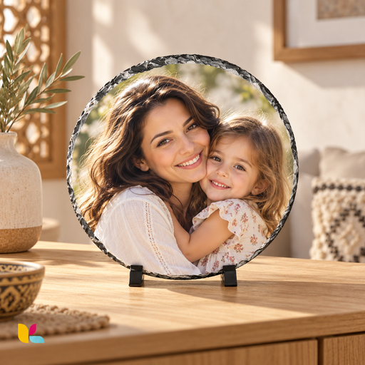 Exemple d’ardoise photo ronde personnalisée avec un portrait mère et fille, présentée sur un meuble de salon.