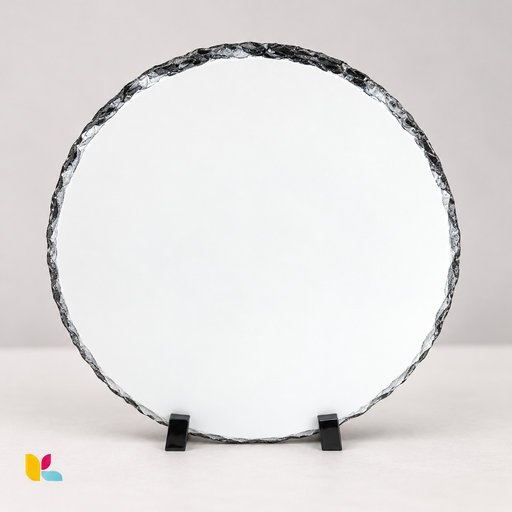 Ardoise photo ronde de 25 cm, face blanche et bord sombre irrégulier, posée sur deux pieds noirs.