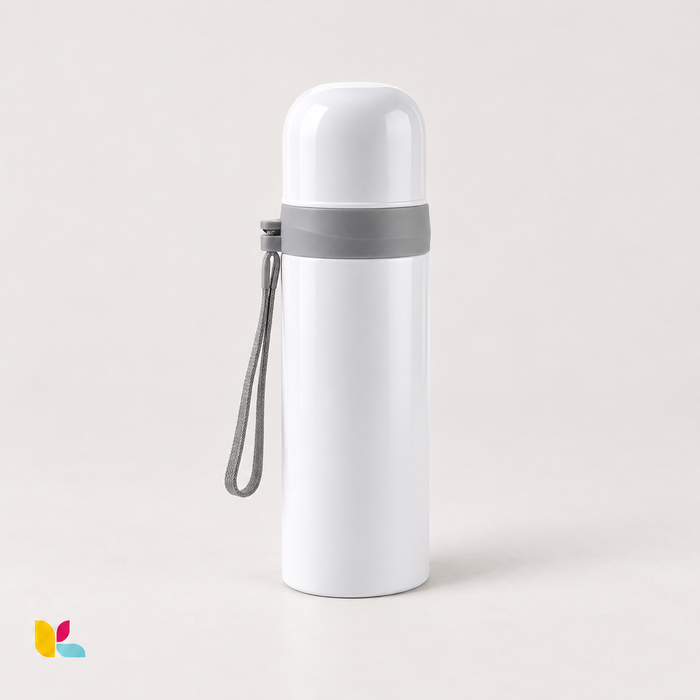 Thermos blanc D314-3 de 350 ml avec dragonne grise, vue studio — Kalmaz