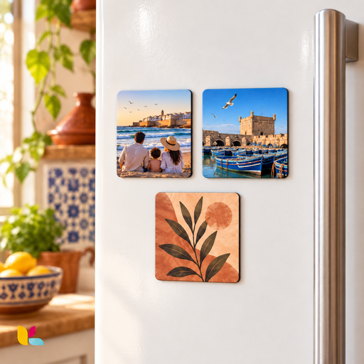 Exemples de magnets carrés personnalisés avec photos et motif décoratif sur une porte de réfrigérateur, mise en situation Kalmaz.