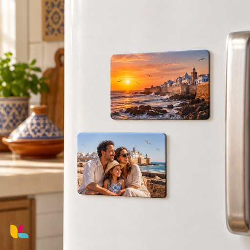 Exemples de magnets rectangulaires personnalisés de 5,5 × 9 cm avec photos sur une porte de réfrigérateur blanc, mise en situation Kalmaz.