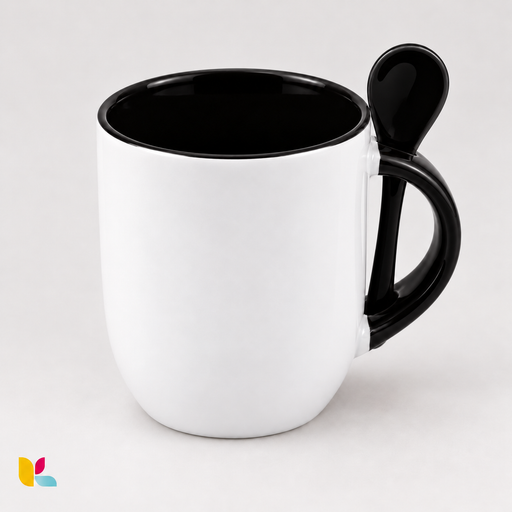 Mug bicolore blanc à intérieur noir avec cuillère noire assortie, à personnaliser, sur fond clair.