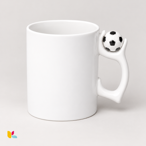 Mug blanc en porcelaine à personnaliser, avec anse décorée d’un ballon de football, sur fond clair.