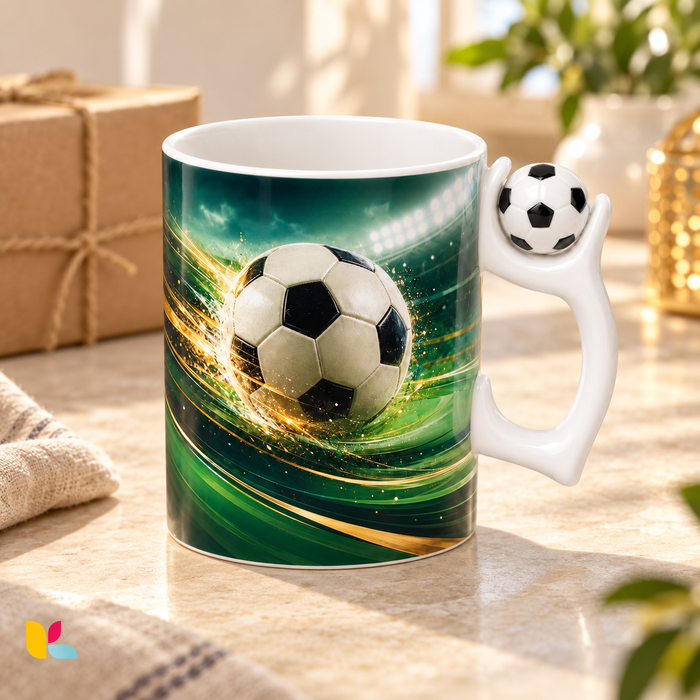 Exemple de personnalisation football verte et dorée sur un mug à anse ballon, dans une ambiance cadeau.