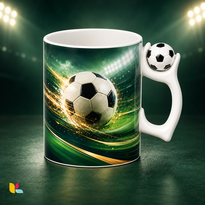 Exemple de mug football personnalisé vert et doré, avec anse ballon, dans une ambiance sportive sur fond vert sombre.