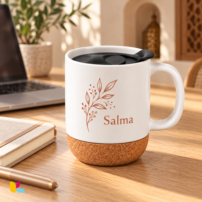 Exemple de mug blanc en porcelaine avec socle en liège, personnalisé au prénom Salma et présenté sur un bureau.