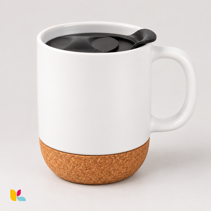 Mug blanc en porcelaine avec socle en liège et couvercle noir, à personnaliser, sur fond clair.