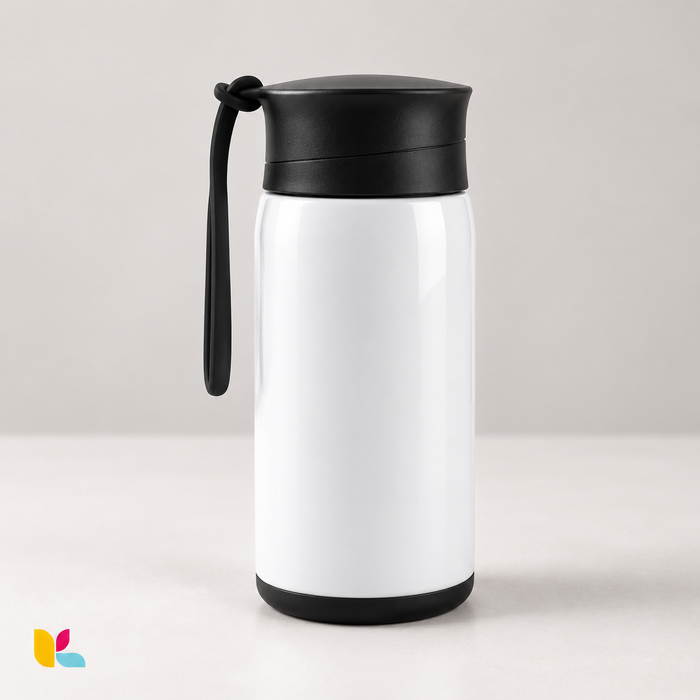 Thermos blanc personnalisable de 260 ml sans impression, couvercle noir, dragonne noire et bord inférieur noir, référence D314-2.